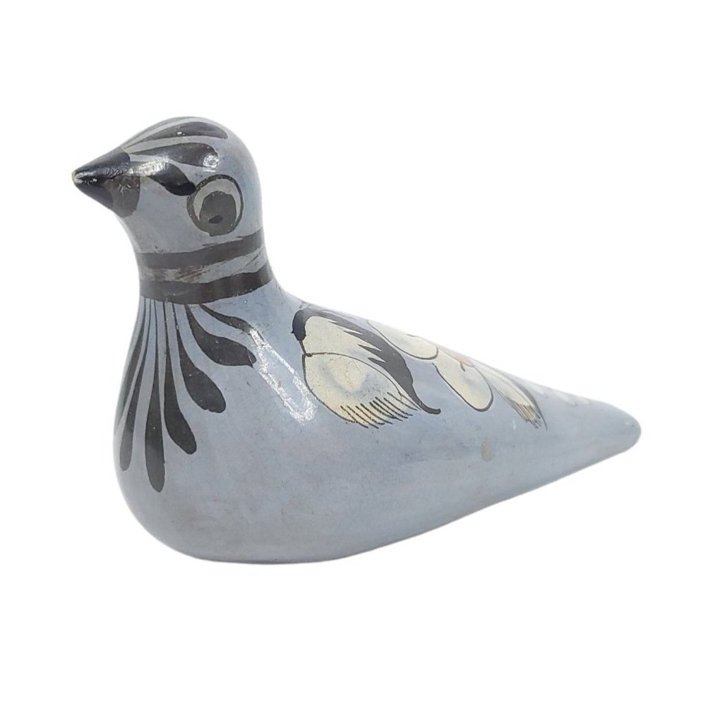 Mexican Folk Art Pottery Bird Duck Dove Figurine Floral Flower Gray White Black